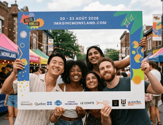 Groupe de festivaliers dans le cadre selfie Imagine Monkland